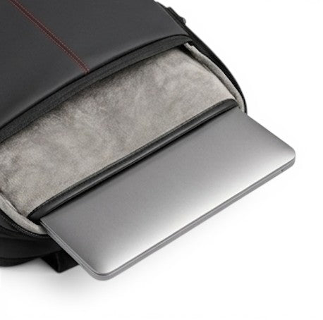 Sac cabine noir CABIN, compartiment rembourré pour ordinateur portable 17 pouces, doublure grise douce, coutures rouges discrètes.