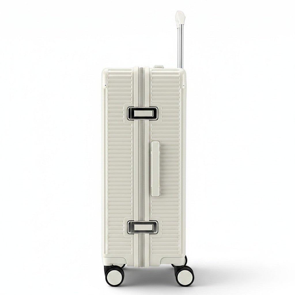 Valise cabine CABIN en aluminium blanc, avec port USB intégré et porte-gobelet. Dimensions 56x36x24 cm.