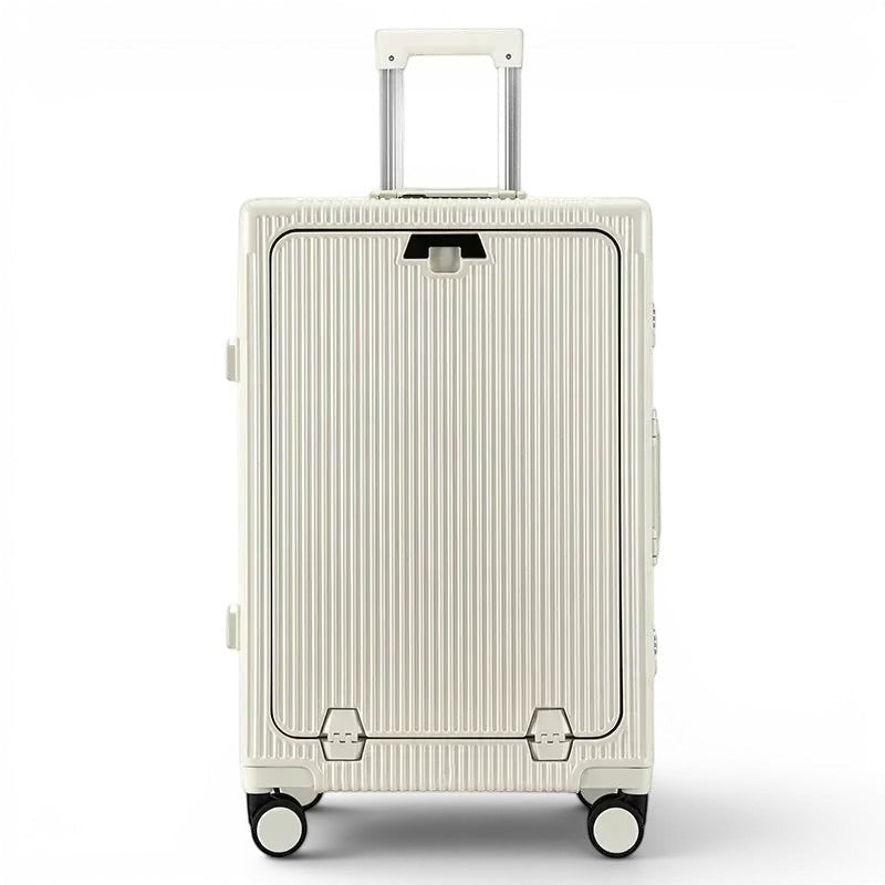 Valise cabine CABIN en aluminium blanc, avec port USB intégré et porte-gobelet. Dimensions 56x36x24 cm.