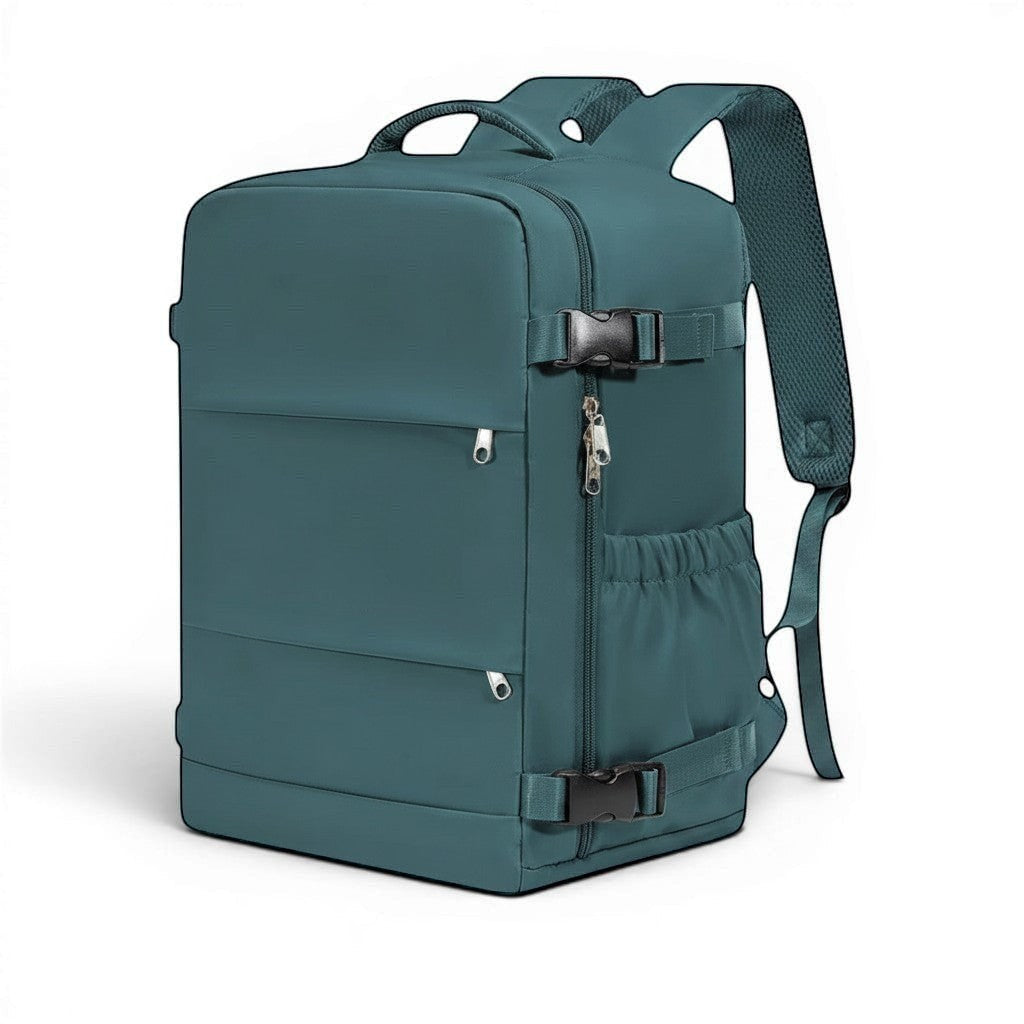 Sac cabine CABYN en tissu imperméable bleu canard, avec compartiments, bretelles rembourrées et sangle de compression.