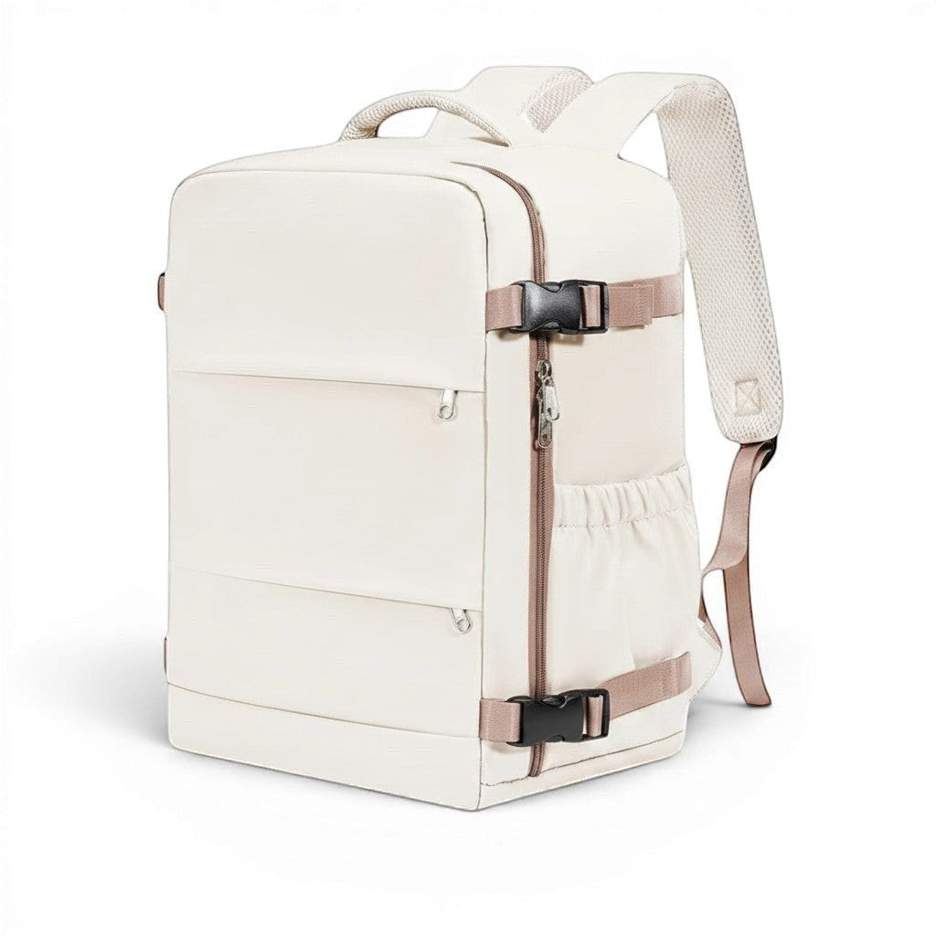 Sac cabine CABYN en tissu imperméable crème, ouverture valise, compartiment ordinateur, bretelles rembourrées, sangles de compression.