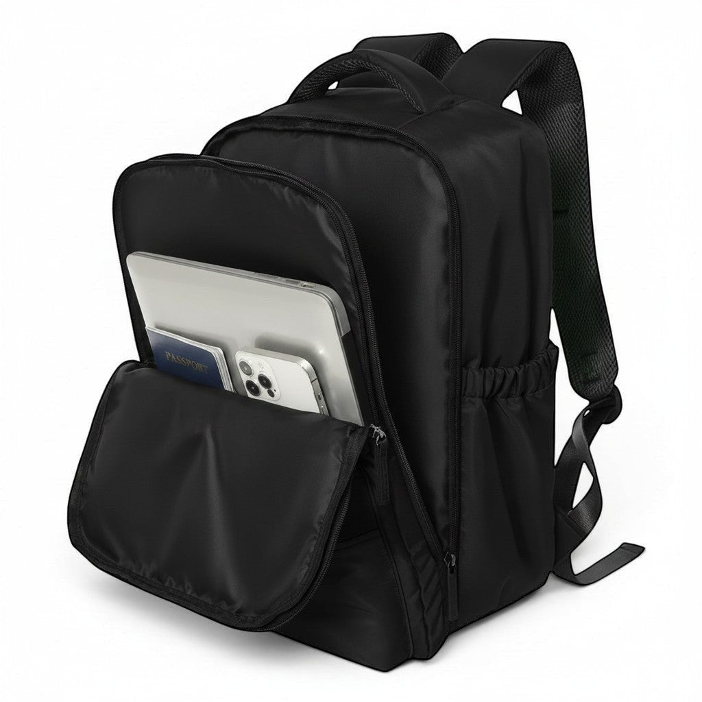 Sac cabine noir CABYN, idéal pour le voyage, avec compartiment pour ordinateur portable et passeport.