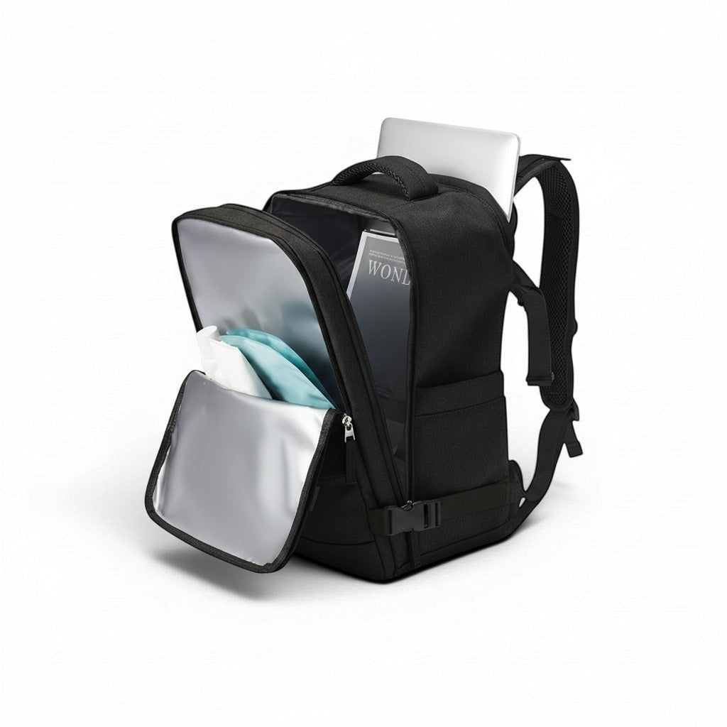CABYN Sac de voyage noir multi-pochettes avec compartiment ordinateur portable et doublure argentée