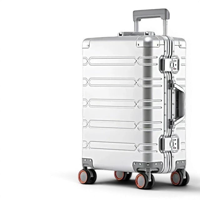 Valise cabine CABYN Vienne en aluminium argenté, 55x35x23 cm, avec roues multidirectionnelles et cadenas intégrés.