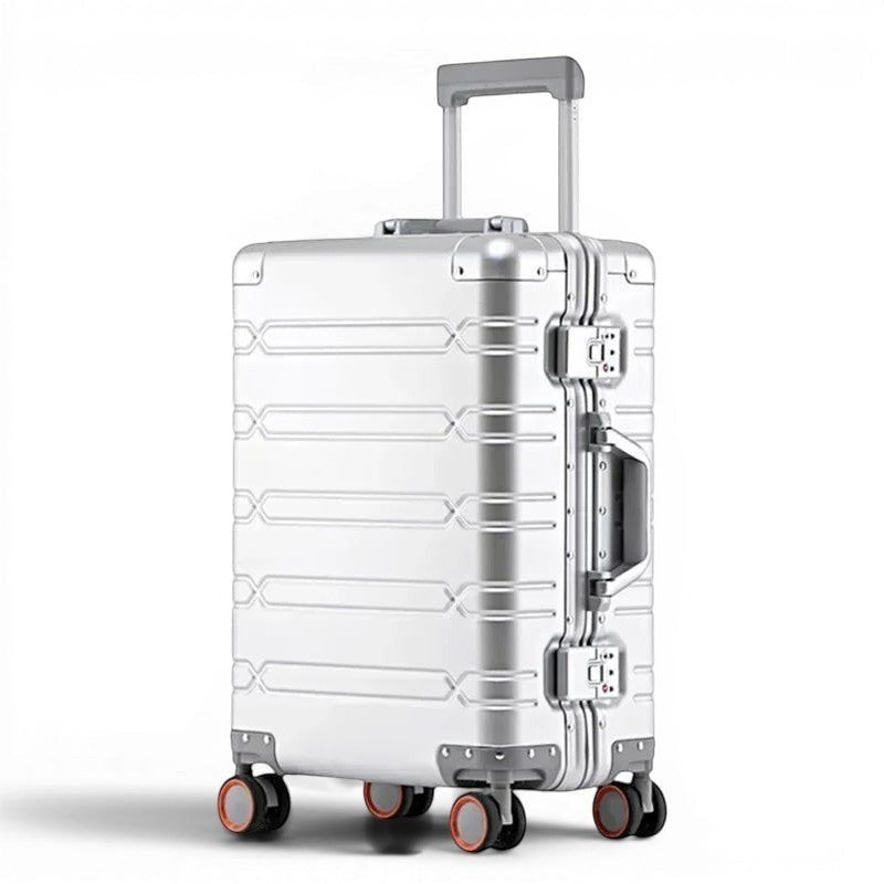 Valise cabine CABYN Vienne en aluminium argenté, 55x35x23 cm, avec poignée télescopique et roues multidirectionnelles.
