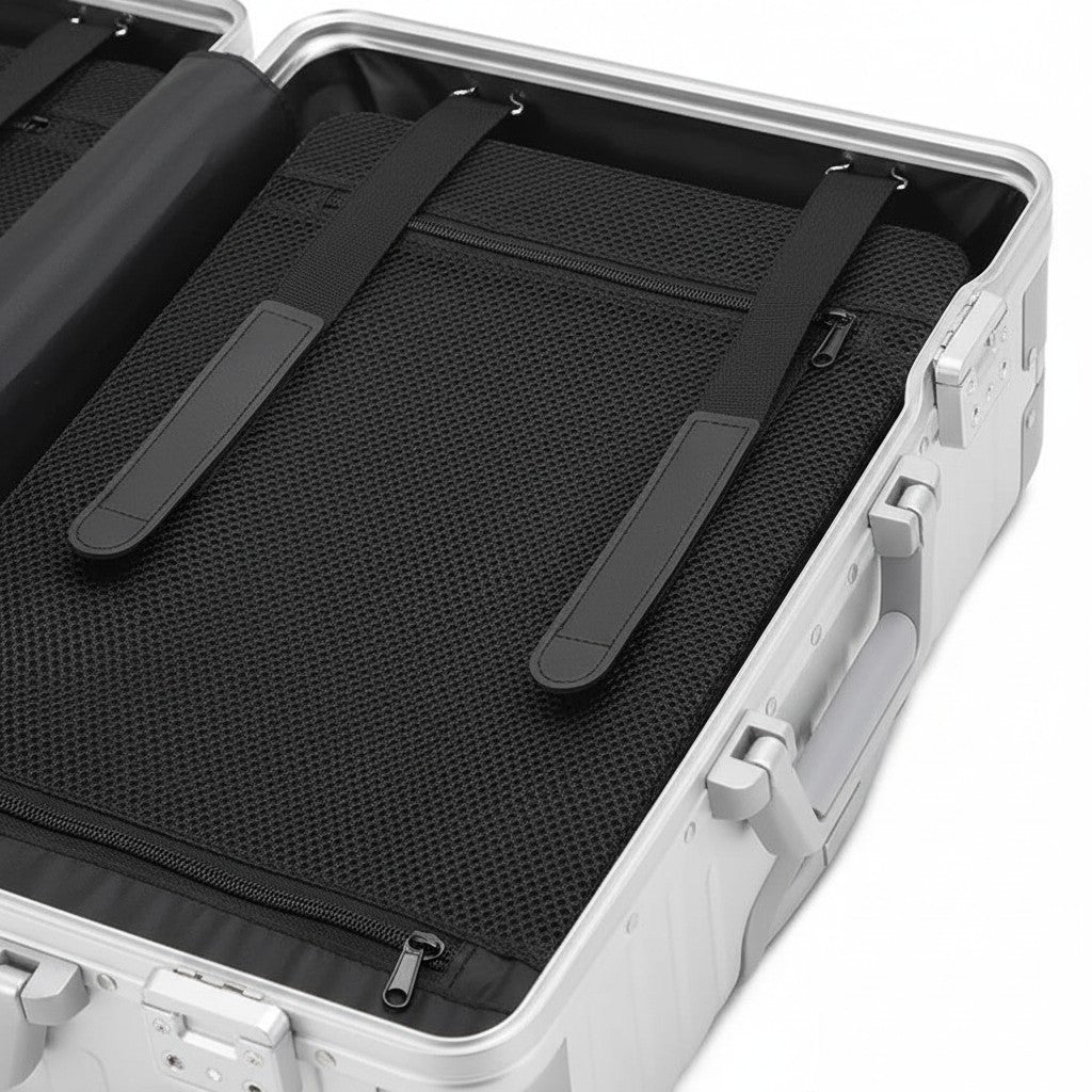 Valise cabine CABYN Vienne en aluminium argenté, 55x35x23 cm, avec sangles de maintien intérieures et roues multidirectionnelles.
