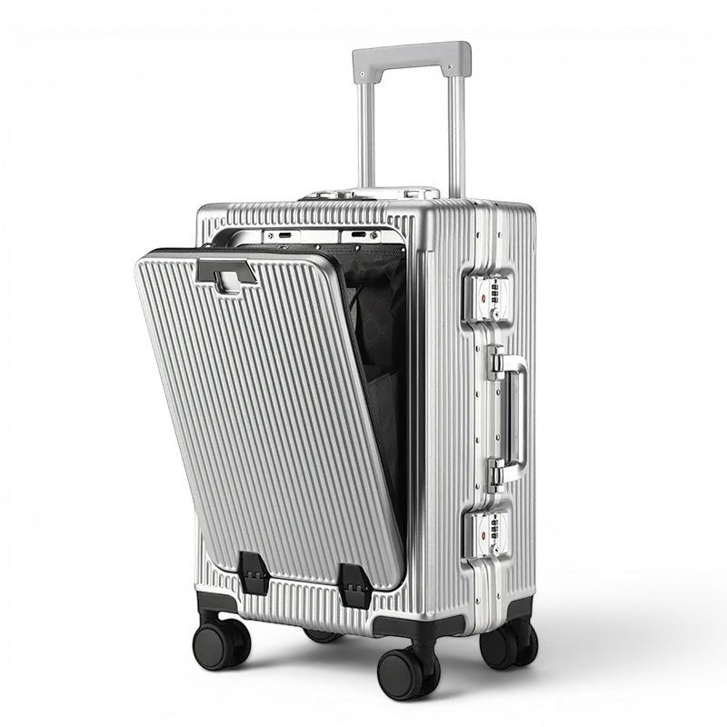 Valise cabine CABYN en aluminium argenté, avec port USB et porte-gobelet, 56x36x24 cm