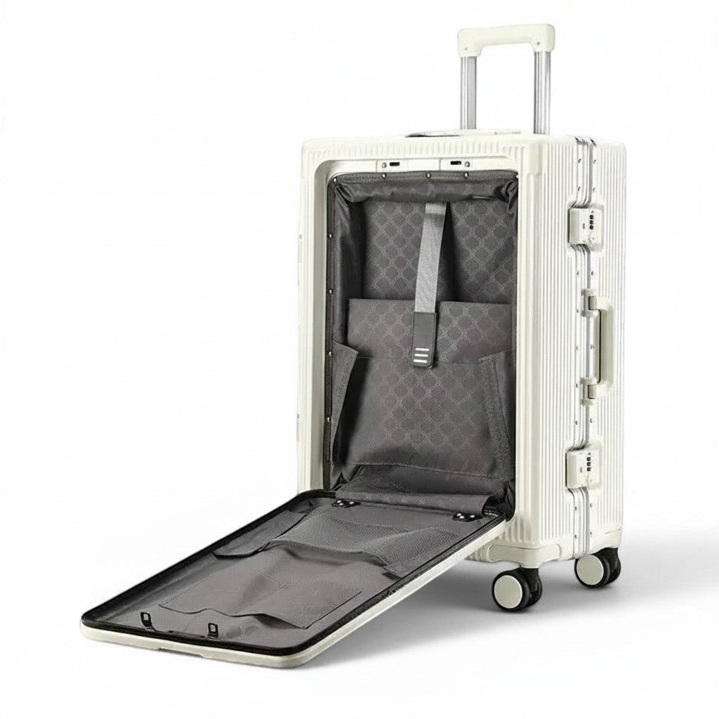 Valise cabine CABYN en aluminium blanc, 56x36x24 cm, avec port USB intégré et porte-gobelet.