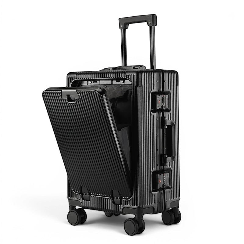 Valise cabine CABYN en aluminium noir, avec port USB et porte-gobelet, 56x36x24 cm