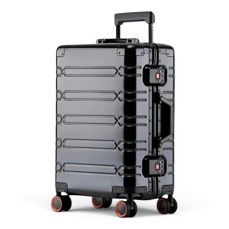 Valise cabine noire en aluminium CABYN Vienne 55x35x23 cm avec 4 roues multidirectionnelles et cadenas intégrés.