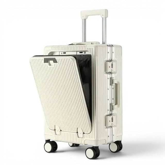 Valise cabine CABYN en aluminium blanc cassé avec port USB et porte-gobelet, 56x36x24 cm