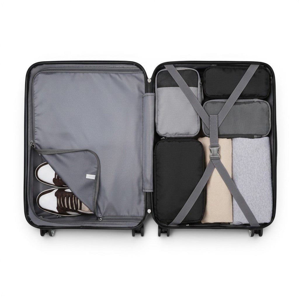 Valise cabine CABYN noire en ABS, 52x38x21cm, avec serrure TSA et 4 roues. Intérieur organisé avec sangles et compartiments.