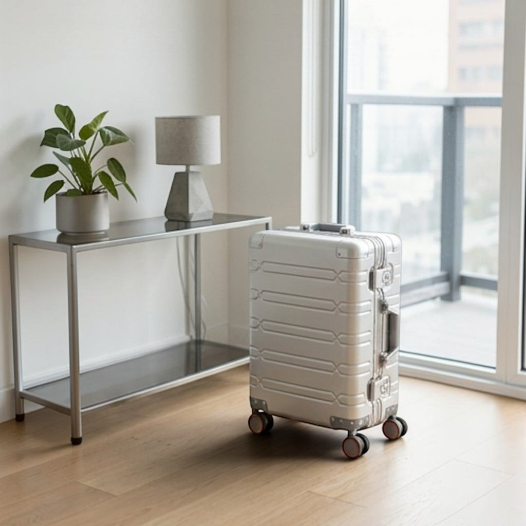 Valise cabine CABYN Vienne en aluminium argenté, 55x35x23 cm, avec roues multidirectionnelles et poignée télescopique.
